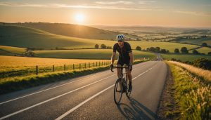 Cycliste roulant sur une route de campagne en vélo de route au lever du soleil