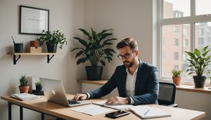 Entrepreneur préparant sa création d'entreprise à son bureau