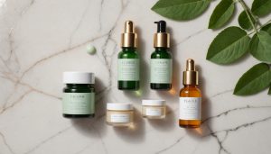 Flacons de soin cosmétique et pot de crème pour une routine de soin anti âge