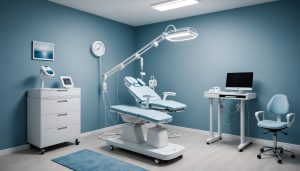 Illustration générée par IA d'une cabine de soin avec appareil d'épilation laser, ne représente pas un centre réel