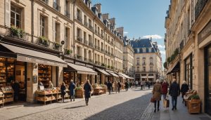 Rue commerçante animée d'un centre-ville français lors d'une opération commerciale