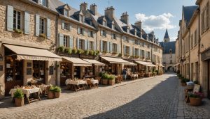 Petite ville française en bord de Loire avec commerces et marché local