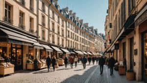 Rue commerçante animée d'un centre-ville français avec boutiques indépendantes