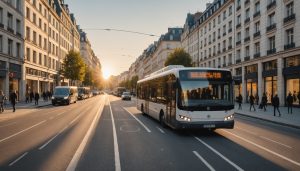 Vue d'un bus articulé moderne circulant dans une avenue urbaine animée au coucher du soleil