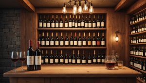 Étagères de bouteilles de vin rouge, champagne dans un seau à glace et verre de whisky posé sur un comptoir en bois